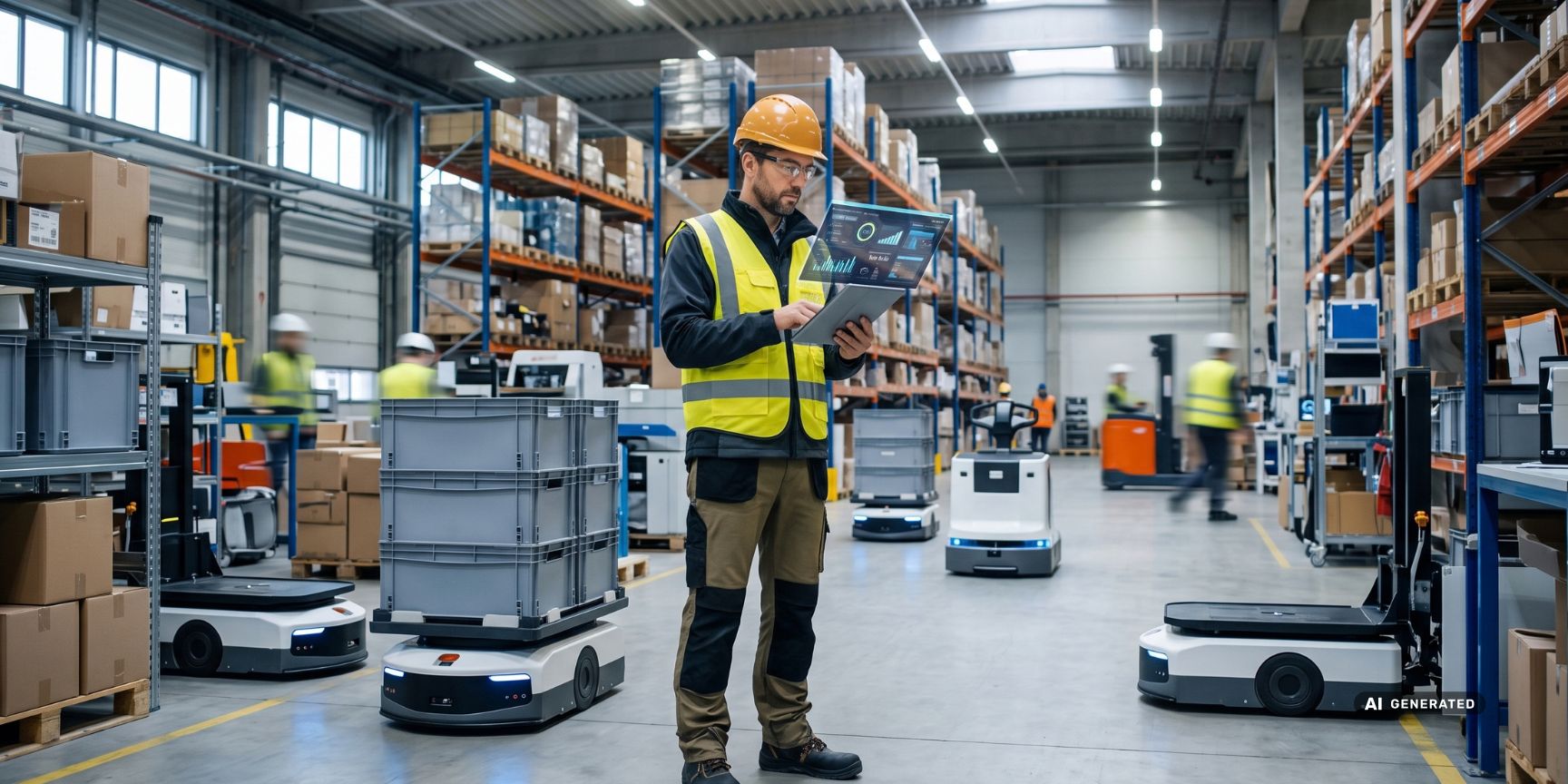 Logistikmanager prüft Smart-Metering-Daten am Tablet in einer Dortmunder Kontraktlogistik-Halle mit Robotern zur ESG- und Scope-3-Datenerfassung.